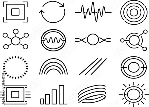 Line style vector icons of everyday urban corners: feedback tile, sync line, pulse band, resonance line, signal