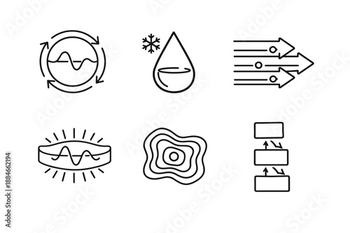 Passive Thermal Regulation Icons. Line style vector icons of passive thermal regulation: heat-buffer loop, melting-point marker,