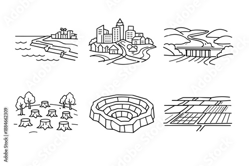 Human Impact Icons. Line style vector icons of human reshaping of Earth’s surface: modified coastlines, expanded urban footprint,