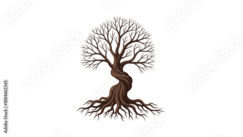 Stylized representation of a strong, ancient tree featuring a thick, dramatically twisted trunk and exposed roots, with bare branches.