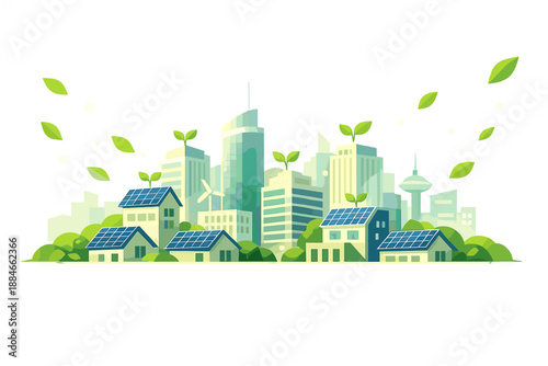 Eco-Innovative Cityscape. Smart city skyline with rooftop solar tiles and small sprout icons integrated into buildings, leaf bokeh