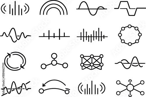 OS Immunity Icons. Line style vector icons of OS immunity: frequency band, wave arc, phase line, phase arc, variation contour,