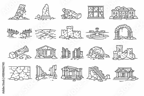 Ruins Line Icons. Line style icons of fleeting constructions: broken tower, crumbling monument, toppled statue, shattered windows,