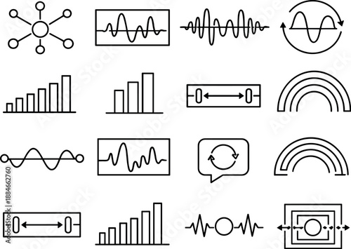 Minimalist Dashboard Icons. Line style vector icons of data visualization dashboards and controls: resonance node, amplitude tile,