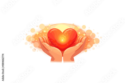 Caring Heart Illustration. Hands gently cradling a glowing heart, soft bokeh sparkles and warm gradient haze in a wide clean