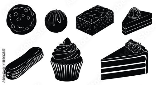 a black and white silhouette illustration featuring various delicious desserts and baked goods