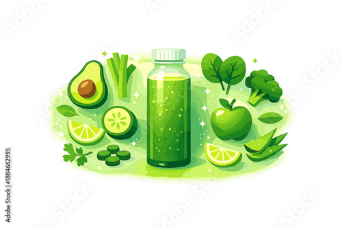 Green Smoothie Flatlay. Habit tracker grid with one softly glowing focus tile and a smooth progress arc, tiny sparkle dust and