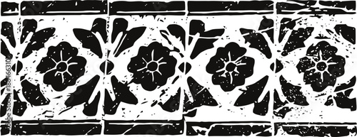 Black and white decorative floral tile pattern with leaves and flowers in vintage