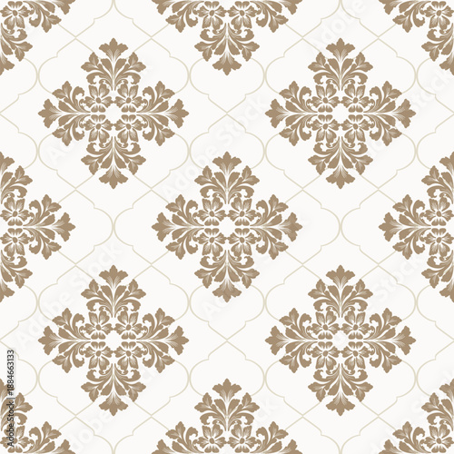 Luxury Ivory Ornamental Cross Pattern with Gold Lattice, Seamless Classic Floral Damask Background