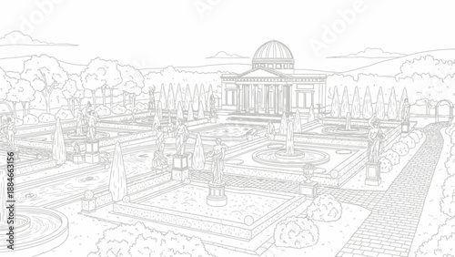 Elegant formal garden with classical building and manicured trees