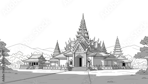 Ornate Asian Temple Architecture with Pagoda Spires in Monochrome