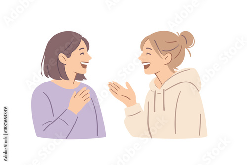 Cheerful Friendship Chat. Friends laughing and talking in a casual daily life moment, flat modern illustration of two figures