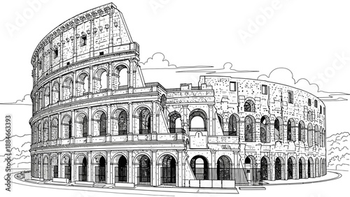 Colosseum sketch. Ancient Roman amphitheater outline drawing.