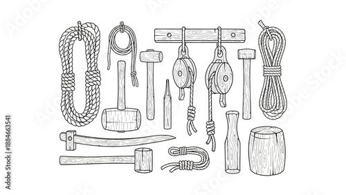 Vintage Woodworking Tools and Nautical Ropes Illustration