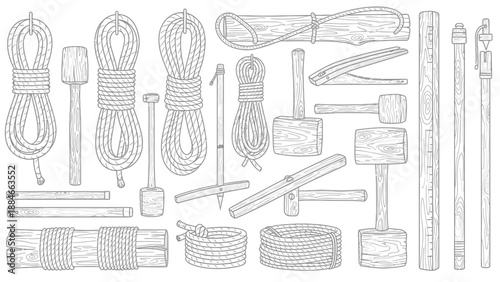 Vintage Woodworking Tools and Ropes Illustration