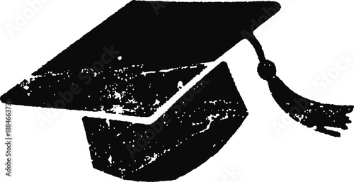 Grunge black graduation cap with tassel isolated on white background