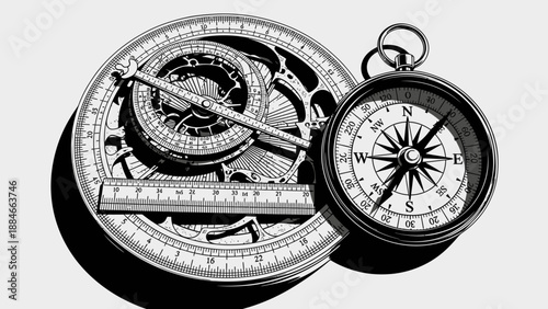 Antique Compass and Astrolabe with Ruler on White Background
