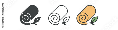 Rolled towel with leaf icon set. Spa, organic textile, eco fabric symbol. Outline flat and colored vector illustration.