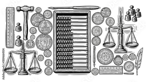 Vintage Accounting Tools: Abacus, Scales, Coins, Ruler, Hammer, Weights