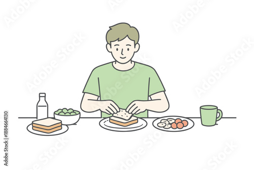 Minimalist Lunch Prep. Man assembles a light meal at the counter during a quiet lunch break Minimalist flat line vector