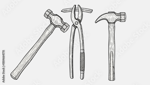 Vintage Tools: Hammer, Pliers, and Nail Drawing