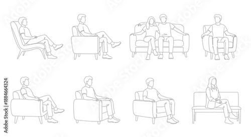 line drawing illustration depicting various seating positions and chair designs in a row