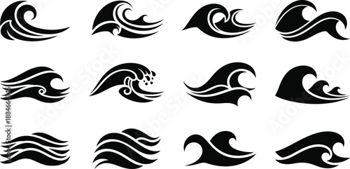 Collection of abstract wave graphics and icons in black and white