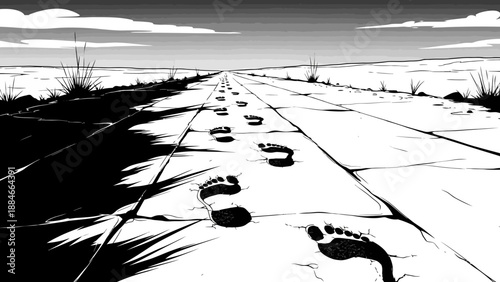 Footprints on a long, empty road in a stark, graphic style.