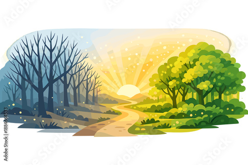 Nature Awakens. Forest path scene with bare trees transitioning into leafy trees along the trail, gentle sunrise rays and bokeh