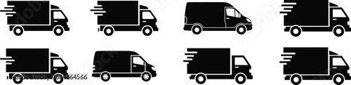 Collection of black silhouettes of delivery trucks in various orientations