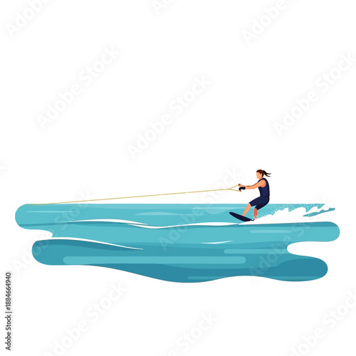 Waterskiing Action: Person Gliding on Water with Wake and Rope