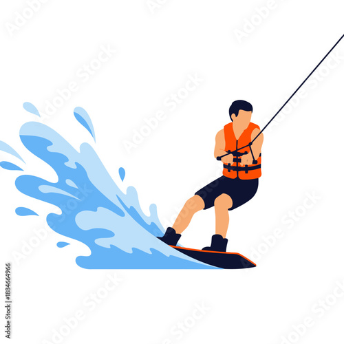 Wakeboarder riding on blue water with splash, flat design, vector illustration