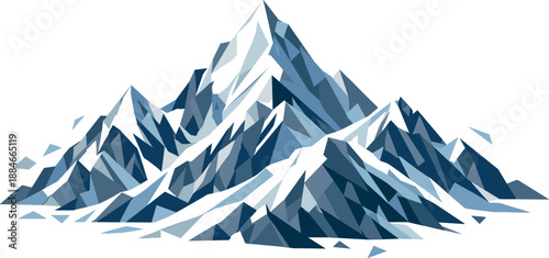 Geometric Mountain Majesty. Low-poly vector illustration focused on snow-covered mountain peaks, polygonal geometric style with