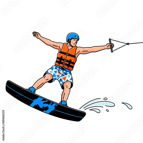 Man water skiing on wakeboard, performing a trick with splashes of water