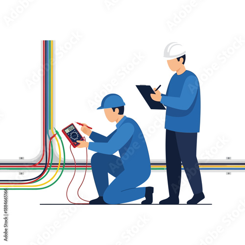 Electricians testing electrical wiring with multimeter, construction site, professional service