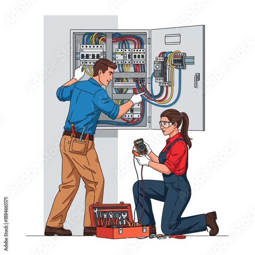 Electricians working on electrical panel, teamwork, maintenance and repair