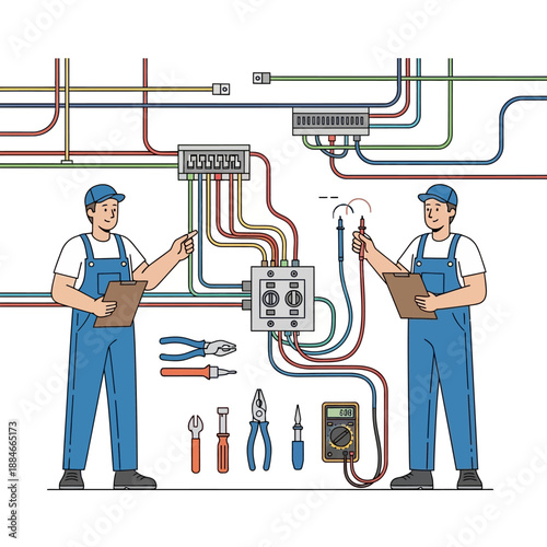 Electricians working on electrical panel and wiring system, tools and multimeter