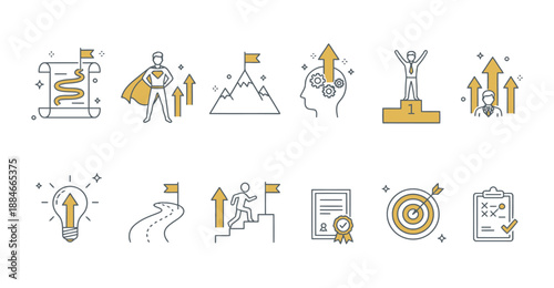 Hand Drawn Business Idea and Startup Icon Set, hand drawn elements including rocket, target, brain, strategy signs, finance goals, and planning symbols, suitable for startup branding