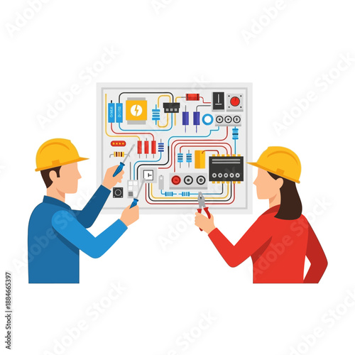 Electricians Working on Electrical Panel Diagram, Teamwork and Maintenance Concept