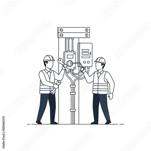 Electricians working on electrical panel, wiring installation, construction site, teamwork