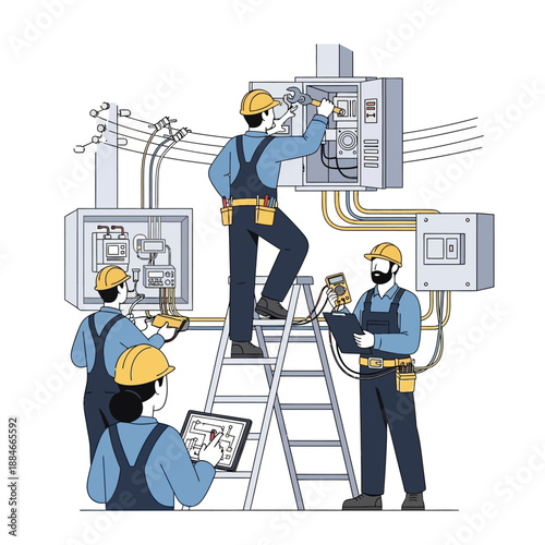 Electricians Installing Electrical Panel and Wiring System in Industrial Setting