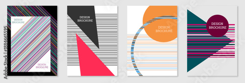 Geometric cover design, set. Abstract unusual background in the style of Memphis. Bright geometric shapes in random order/ Vector