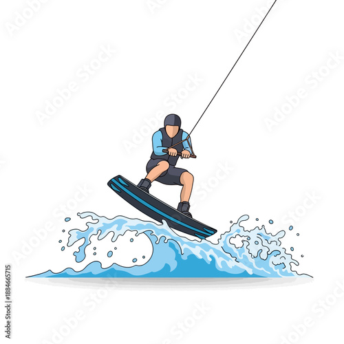 Wakeboarder jumps over water splash, extreme water sport, active lifestyle