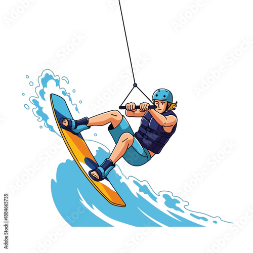 Wakeboarder performing trick on water wave, dynamic action illustration
