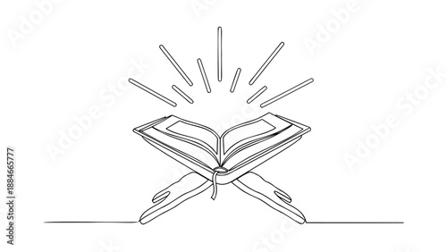 Single-line open Quran on rehal with radiant light rays — minimalist Islamic spiritual illustration