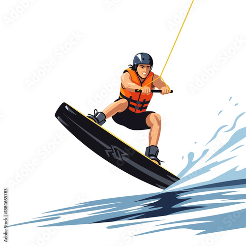 Man wakeboarding and jumping over water splash, extreme sports, active lifestyle