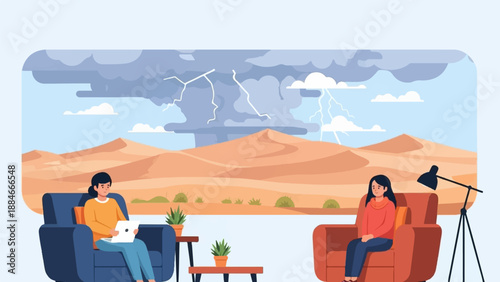 Two women in comfortable chairs looking out at a desert landscape with a storm
