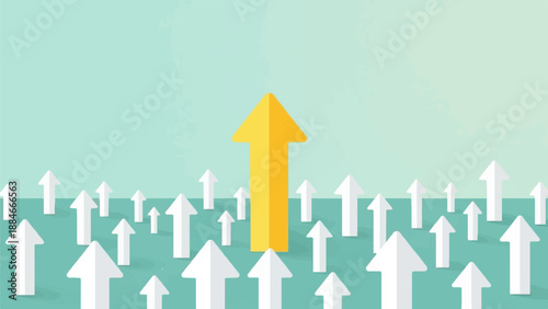 Yellow arrow stands out among many white arrows pointing upwards