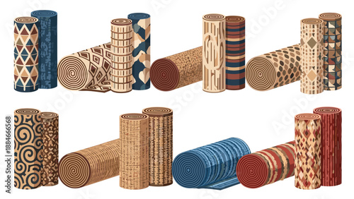 Diverse collection of intricately patterned and colorful rolled carpets or rugs, displayed in various stages, suitable for storage or showcasing.