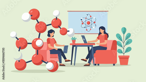 Two women in a room with a molecular structure and atom diagram